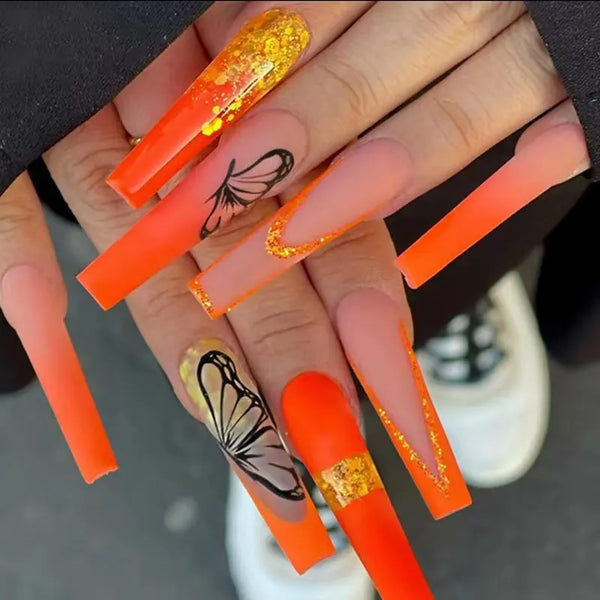 Orange Butterflies Press On Nails