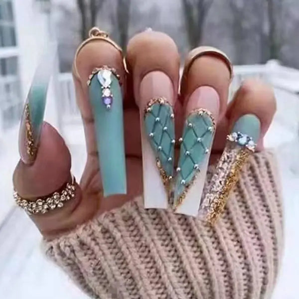 Teal Hearts Press On Nails