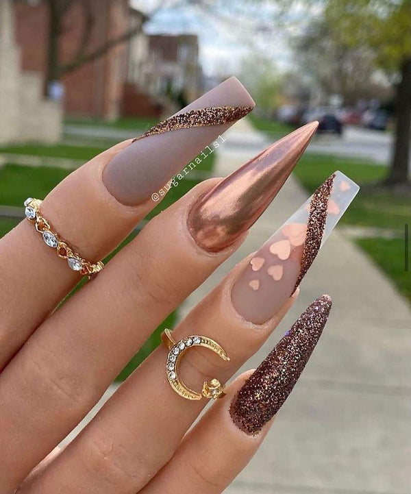 Brown Hearts Press On Nails